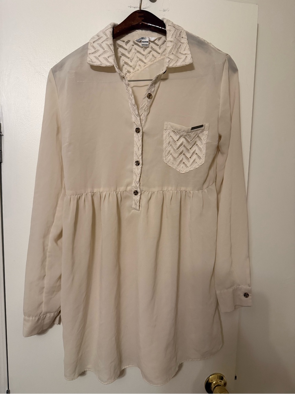 Volcom Cream Lace-Trim Button Front Casual Dress